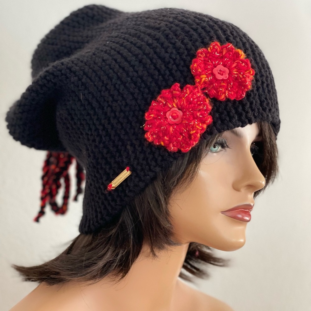 Hand Knits 2 Love Slouch Beanie Hat Cap Flowers Ties Designer Bohemian Chic